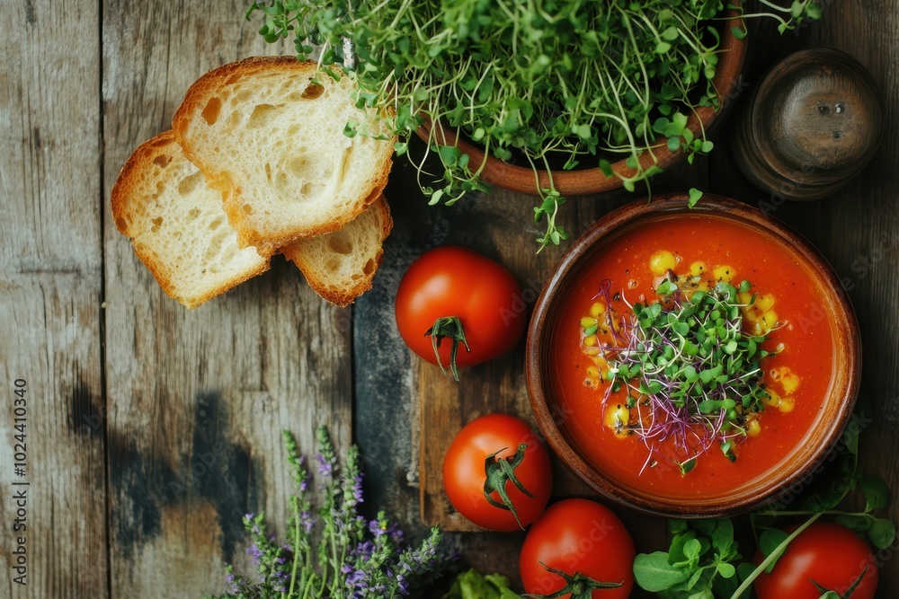 Rustic tomato soup with fresh herbs crusty bread on wooden background Rustic tomato soup with fresh herbs crusty bread on wooden background
