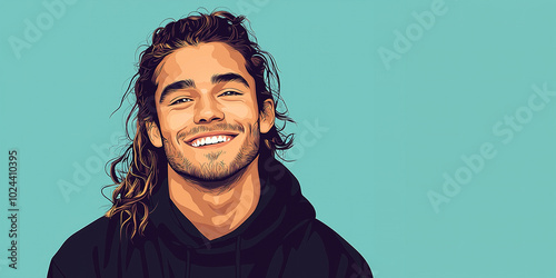 Handsome man smiling with long hair and black hoodie photo