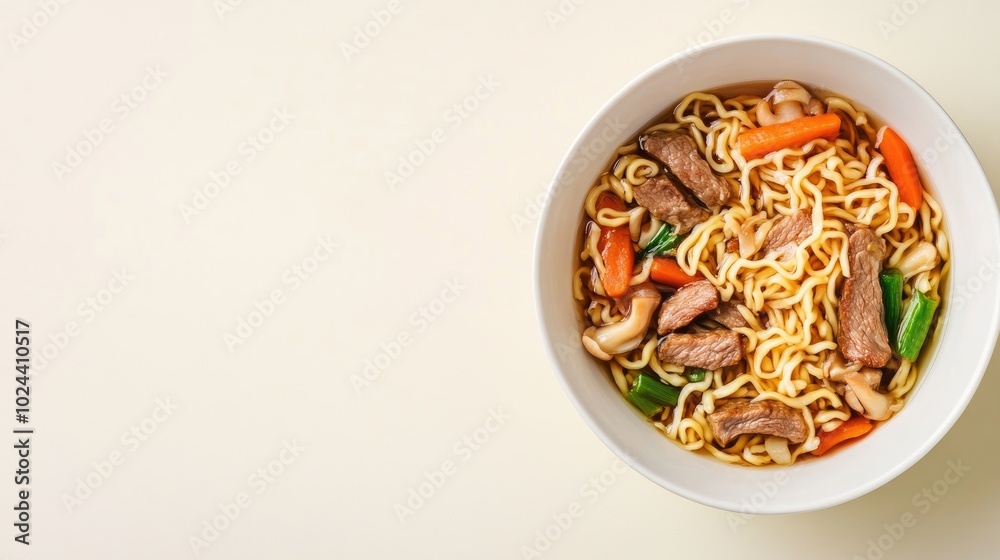 Bowl of Asian noodles with pork vegetables and mushrooms viewed from above with empty space for text Bowl of Asian noodles with pork vegetables and mushrooms viewed from above with empty space for text