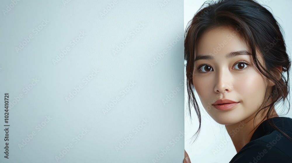 Young woman peeking around the corner of a wall with a curious expression Young woman peeking around the corner of a wall with a curious expression