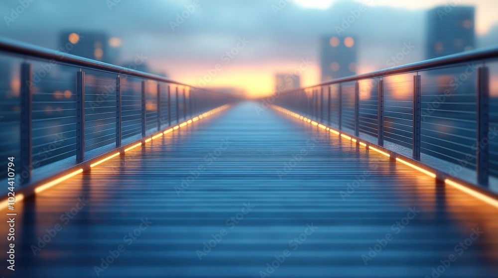 A wooden walkway with glowing lights leading to a city skyline at dusk. A wooden walkway with glowing lights leading to a city skyline at dusk.