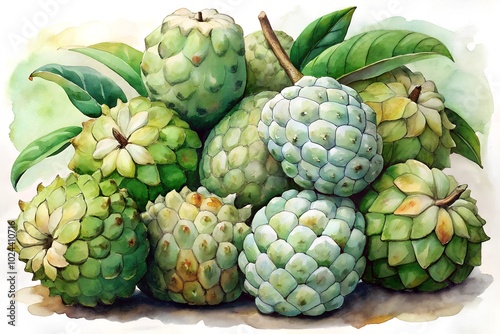 Watercolor hand drawn Lots of Custard apple in a basket on white background