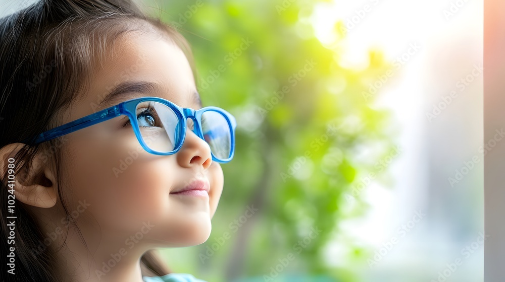 Young child wearing blue glasses focusing on distant tree outside window, symbolizing myopia prevention and importance of outdoor activities Young child wearing blue glasses focusing on distant tree outside window, symbolizing myopia prevention and importance of outdoor activities