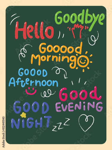 Greeting word on chalkboard. Cute doodle words for greeting on a blackboard.