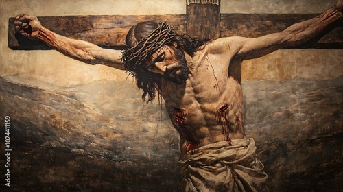 A Depiction of Jesus Christ on the Cross with Blood and a Crown of Thorns