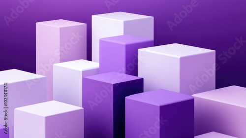 3D geometric shapes featuring purple violet and white cubes on a minimal podium background Abstract illustration for showcasing cosmetic or fashion products