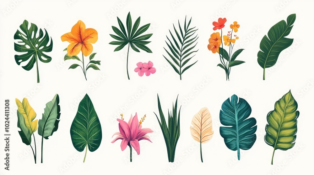 Obraz premium Boho Tropical Illustration Set Of Exotic Plants Leaves And Flowers Modern Botanical Collection With Textures And Prints Natural Vintage Design Elements