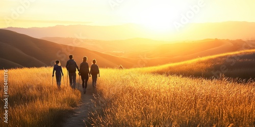 A family hiking at sunset on a grassy trail, heading toward a glowing horizon