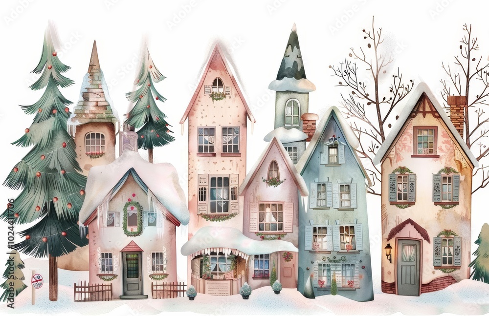Naklejka premium poblado navidad acuarela, casas de colores. tarjeta