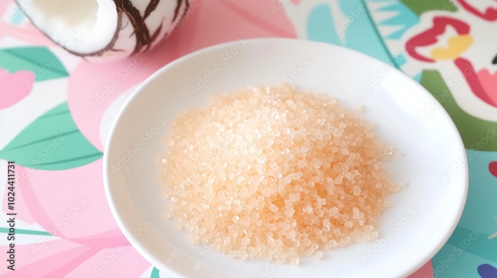 Close Up of Granulated Coconut Blossom Sugar on White Plate Close Up of Granulated Coconut Blossom Sugar on White Plate