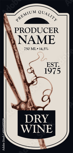 Vector wine label with grapevine, grape leaf and calligraphic inscription in retro style in figured frame. Dry white fortified