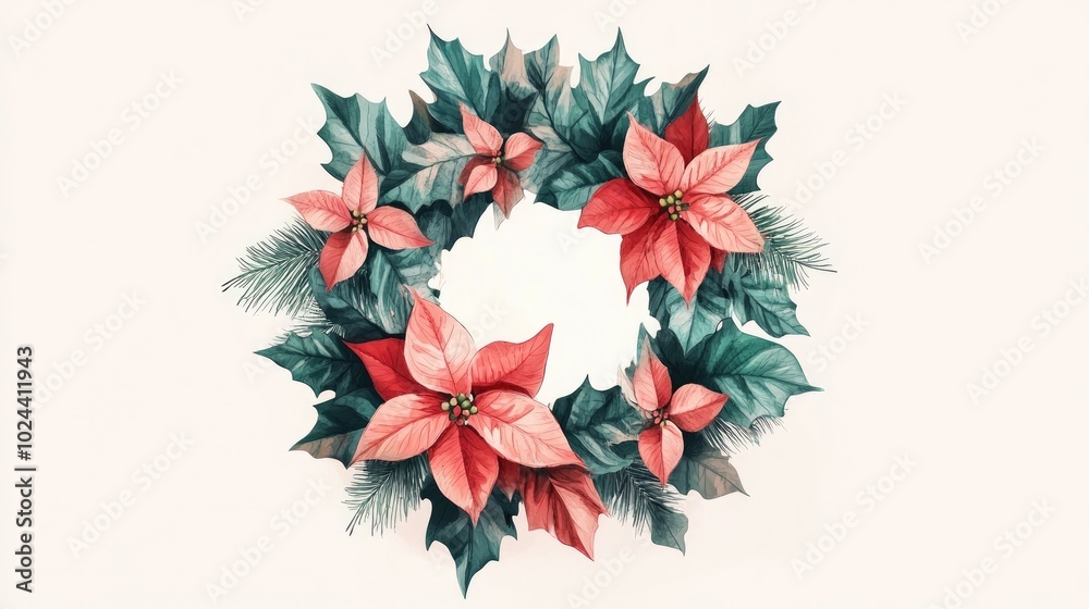 Christmas wreath featuring poinsettia set against a white background Christmas wreath featuring poinsettia set against a white background