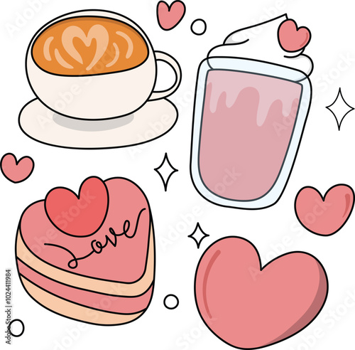 Set of pink elements for decoration. Element and words for Valentine's Day. Cute doodle in pink.