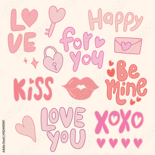 Set of pink elements for decoration. Element and words for Valentine's Day. Cute doodle in pink.