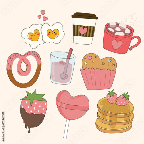 Set of pink elements for decoration. Element and words for Valentine's Day. Cute doodle in pink.