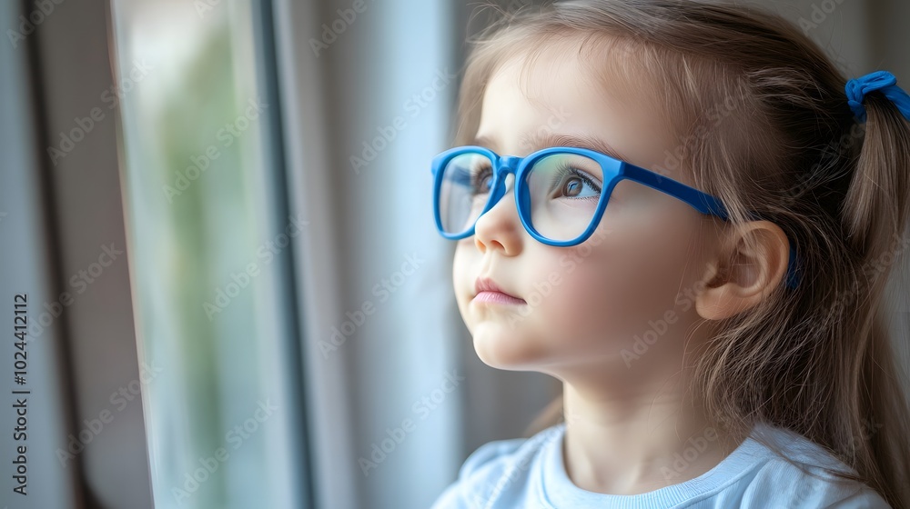 Young child wearing blue glasses focusing on distant tree outside window, symbolizing myopia prevention and importance of outdoor activities Young child wearing blue glasses focusing on distant tree outside window, symbolizing myopia prevention and importance of outdoor activities