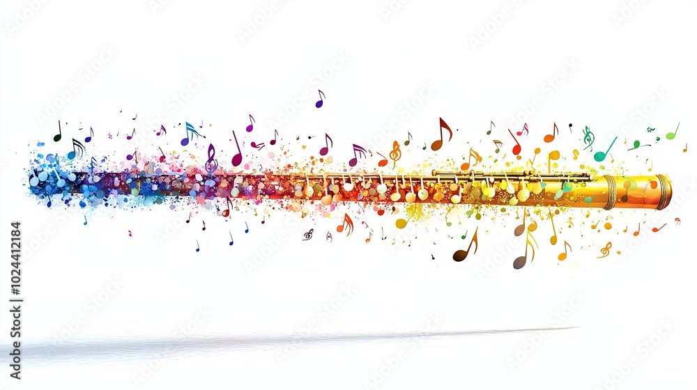 A radiant flute with a cascade of colorful musical notes, symbolizing the vibrant synergy of music and art in a striking and visually captivating composition. A radiant flute with a cascade of colorful musical notes, symbolizing the vibrant synergy of music and art in a striking and visually captivating composition.