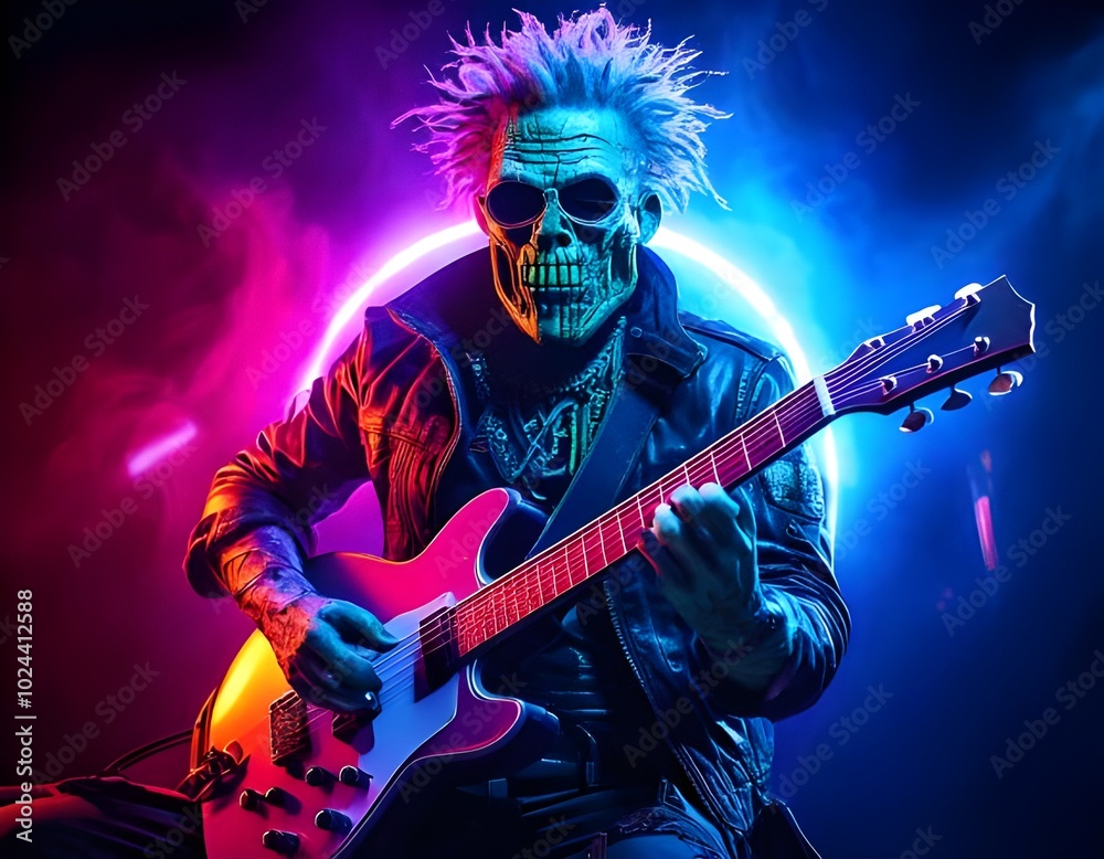Obraz premium Skeleton rocker playing electric guitar on halloween party