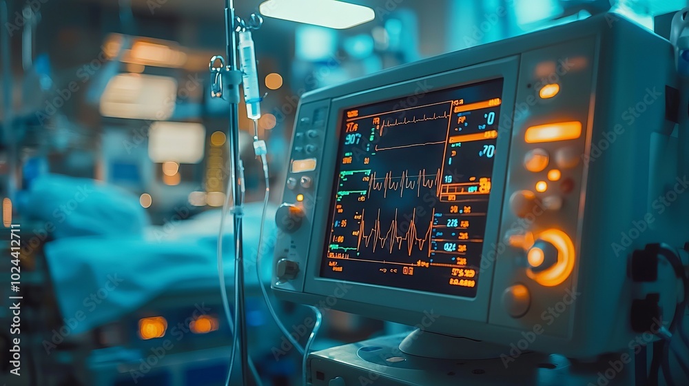 Medical heart rate monitor in a hospital room with glowing displays Medical heart rate monitor in a hospital room with glowing displays