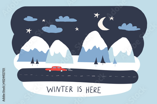 Color flat vector illustration of nature with mountains in Scandinavian style.