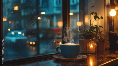 A steaming cup of coffee sits on a table by a window, with rain and city lights outside.