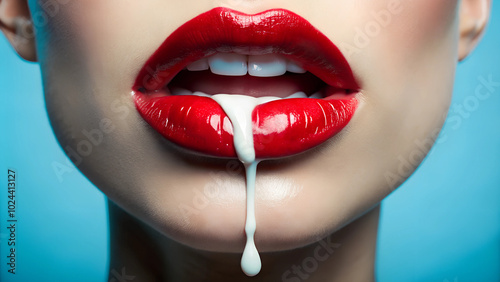 The woman's lustful red lips dripped with white sticky milk. Blue background, close-up.