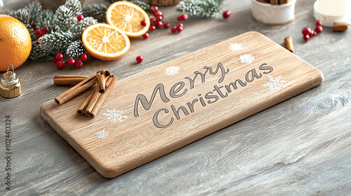 Wooden cutting board with 'Merry Christmas' and festive decorations on wooden table.