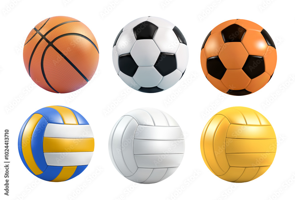 Sport ball vector mockup. 3d basketball, volleyball, soccer, school football icon set. Realistic isolated game equipment emoji. Cartoon emoticon different play stuff. Team round ball sticker element. Sport ball vector mockup. 3d basketball, volleyball, soccer, school football icon set. Realistic isolated game equipment emoji. Cartoon emoticon different play stuff. Team round ball sticker element.