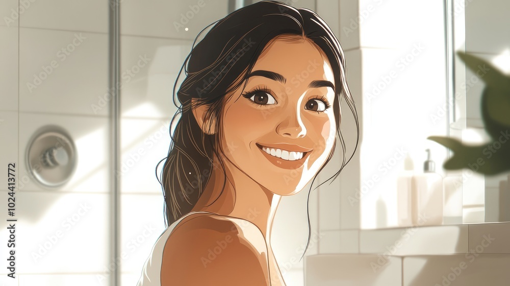 Close up of a young happy Hispanic woman in a bathroom smiling at the camera while promoting a moisturizing cream as a skincare remedy Close up of a young happy Hispanic woman in a bathroom smiling at the camera while promoting a moisturizing cream as a skincare remedy