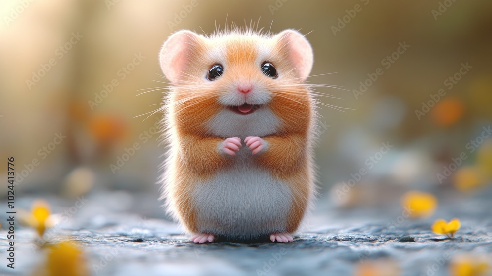 A cute, cartoon-style hamster with a big smile, standing on a rock with a blurred background of yellow flowers. A cute, cartoon-style hamster with a big smile, standing on a rock with a blurred background of yellow flowers.