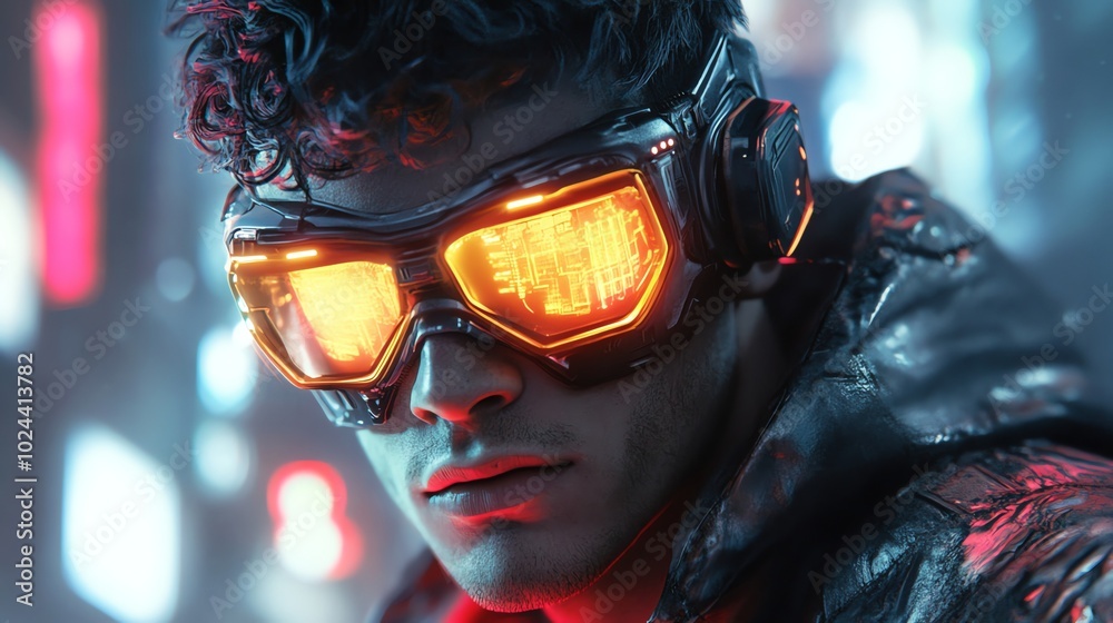 Close up of a futuristic man wearing glowing goggles and headphones. Close up of a futuristic man wearing glowing goggles and headphones.
