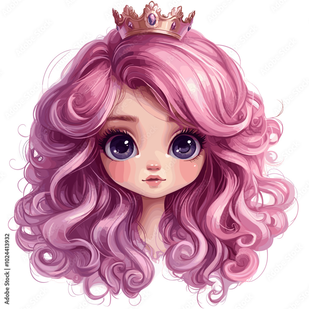 Obraz premium Chibi Princess with Pink Curly Hair and Crown - Cute Character Art