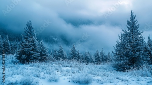 Frosty firs crest snowy knoll, shrouded in winter's embrace.