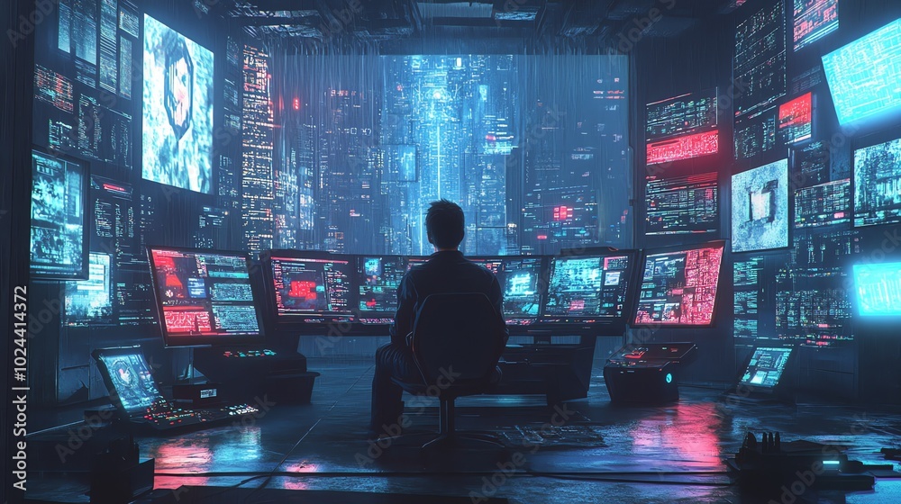 A cyberpunk hacker sits in front of multiple screens displaying digital data and a futuristic cityscape. A cyberpunk hacker sits in front of multiple screens displaying digital data and a futuristic cityscape.