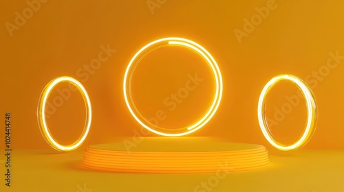 3D rendering of a yellow platform featuring glowing neon lights and transparent glass rings Composition of geometric shapes with vacant space for showcasing product designs Minimalist banner mocku photo