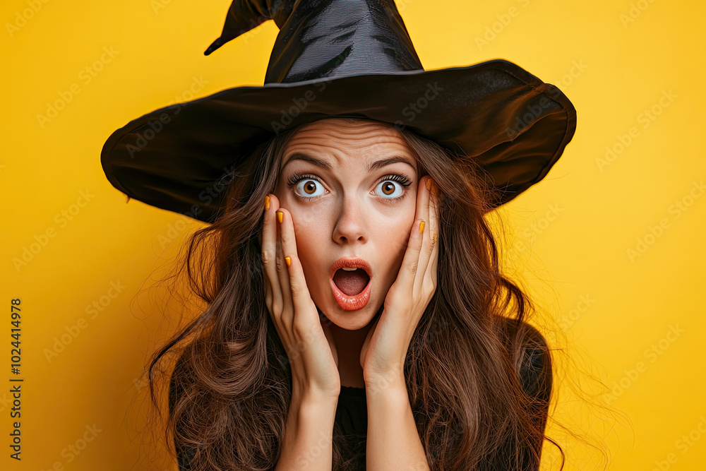 Surprised young woman dressed for Halloween as witch on yellow background Surprised young woman dressed for Halloween as witch on yellow background