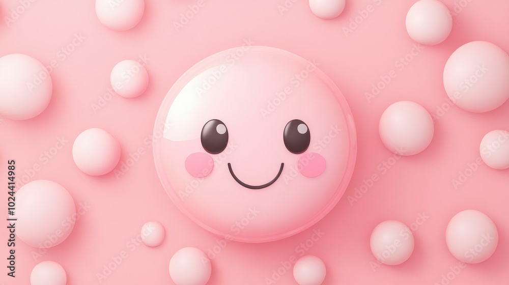 A cheerful cartoon face surrounded by a pink smiling bubble