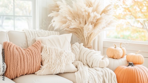 A cozy living room scene featuring soft pillows, textured throws, and decorative pumpkins, creating a warm autumn atmosphere.