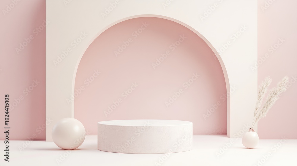 Abstract background featuring a vacant podium for product and cosmetic displays with a pastel cream colored pedestal and minimal geometric shapes Vibrant scene rendered in 3D Abstract background featuring a vacant podium for product and cosmetic displays with a pastel cream colored pedestal and minimal geometric shapes Vibrant scene rendered in 3D