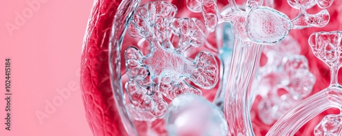 A zoomed-in 3D rendering of the kidney's filtration system, highlighting the glomerulus and nephron, with the surrounding renal tubules. photo