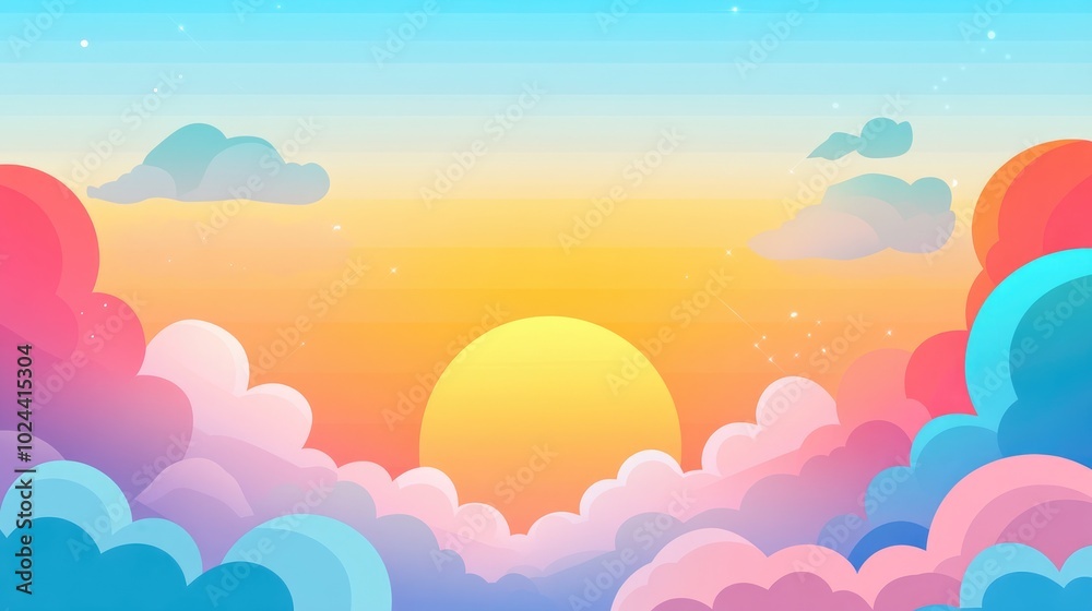 Abstract sky background featuring fluffy pink clouds pastel blue and yellow hues with a fantasy inspired dramatic orange sunset and a whimsical soft sunrise in a mystical 2D cartoon style Abstract sky background featuring fluffy pink clouds pastel blue and yellow hues with a fantasy inspired dramatic orange sunset and a whimsical soft sunrise in a mystical 2D cartoon style