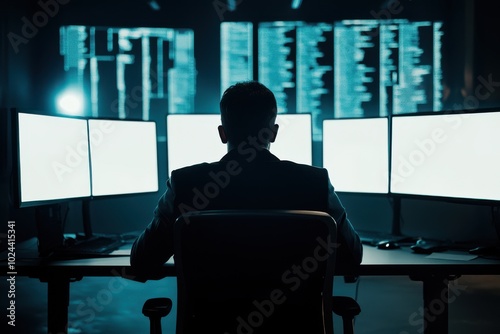 Cybersecurity analyst working on multiple monitors in a secure environment photo