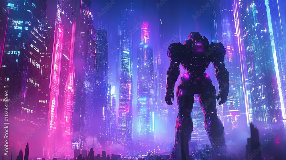 A futuristic city with tall skyscrapers illuminated by neon lights, a giant robot stands in the foreground. A futuristic city with tall skyscrapers illuminated by neon lights, a giant robot stands in the foreground.