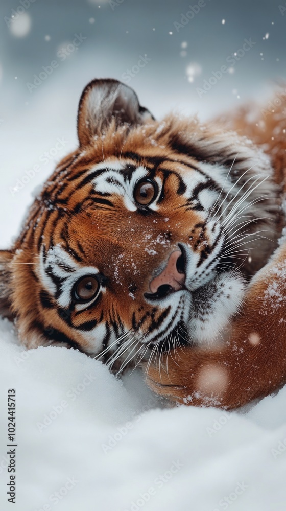 Obraz premium A tiger is laying in the snow with its eyes closed