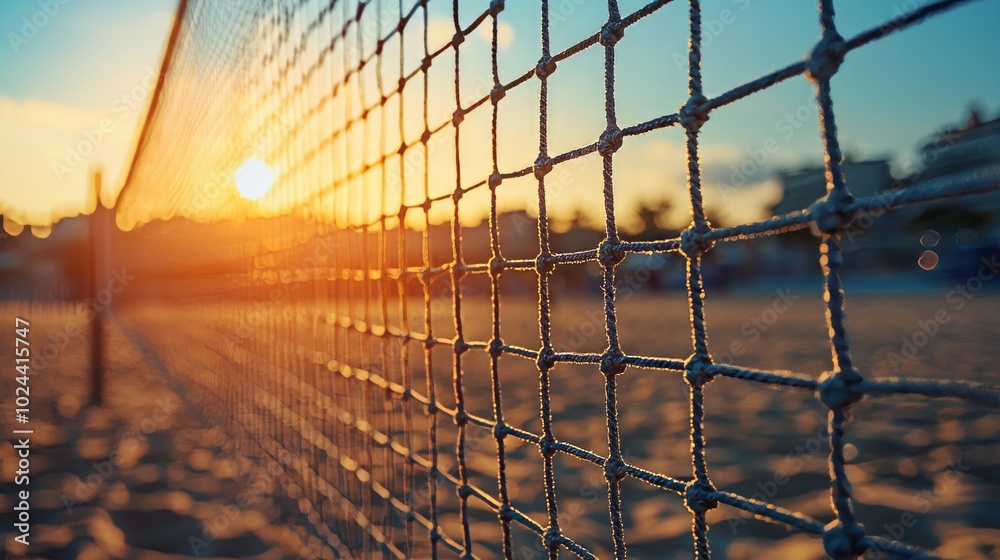 Close-up of a volleyball net at sunset on the beach Close-up of a volleyball net at sunset on the beach