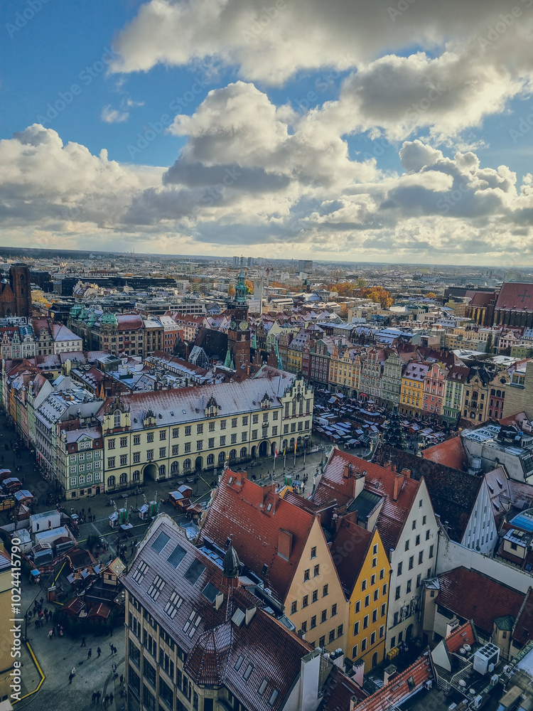 Obraz premium Panoramic view to Wroclaw from St Elizabeth church tower in Wroclaw, Poland. Best viewpoint in Wroclaw. Wroclaw roofs from above. 