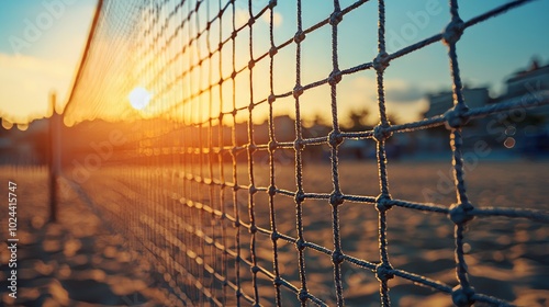 Close-up of a volleyball net at sunset on the beach