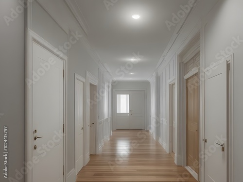 Modern Minimalist Hallway with Natural Lighting and Wooden Floor