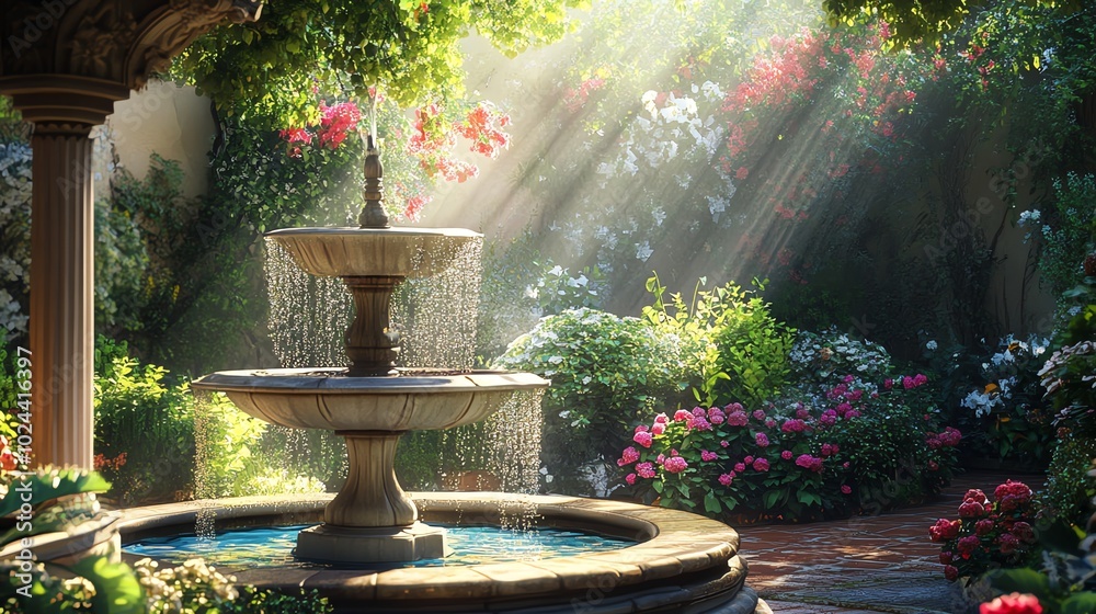 Sunbeams illuminate a tranquil garden with a stone fountain and colorful flowers. Sunbeams illuminate a tranquil garden with a stone fountain and colorful flowers.