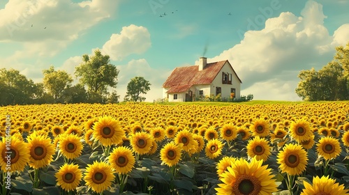 A charming white farmhouse sits on a hill overlooking a field of blooming sunflowers.